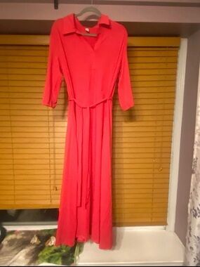 Women's Red Maxi Shirt Dress with Belt